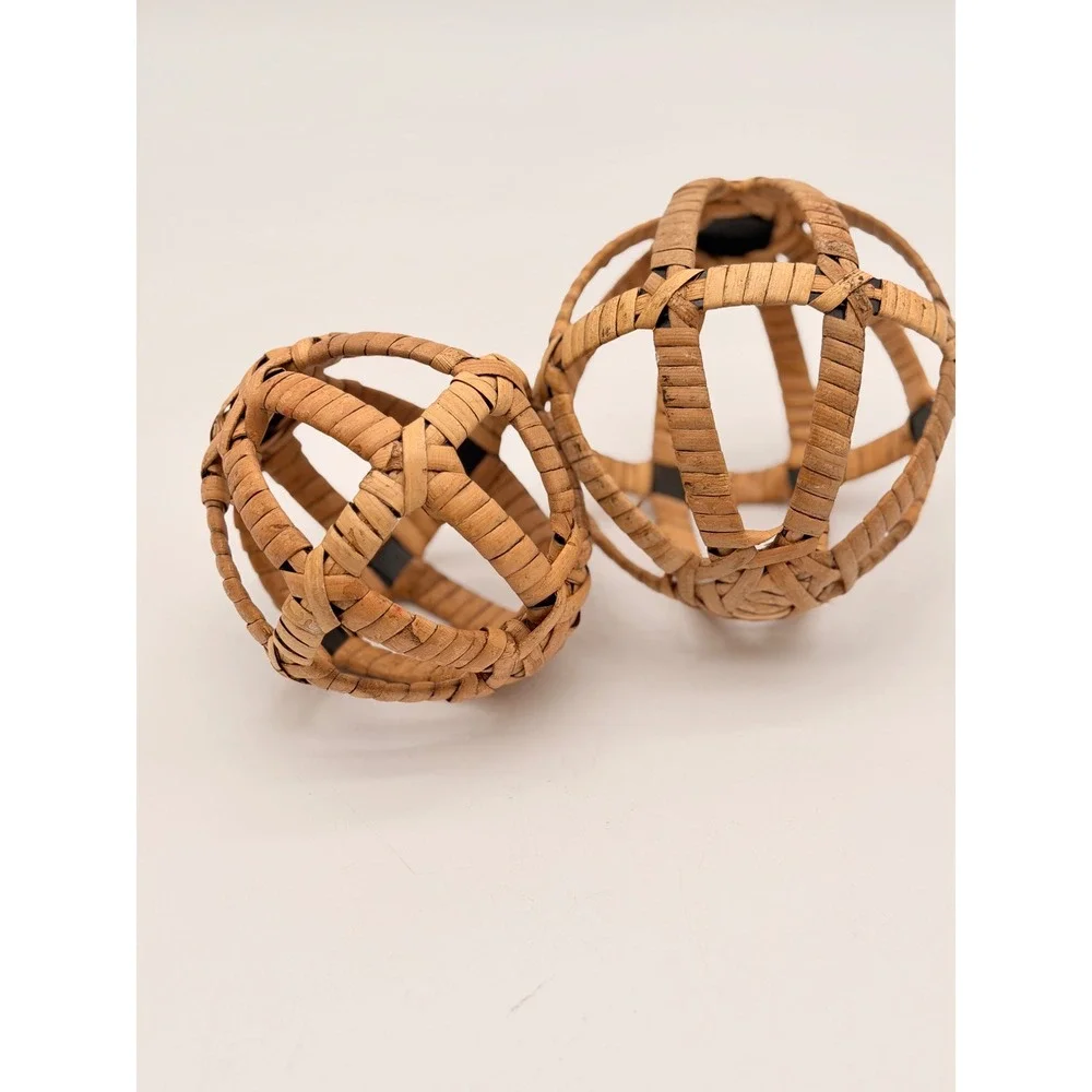 Set of 2 Woven Rattan Decorative Spheres Natural Wicker Orb Bowl Fillers Boho